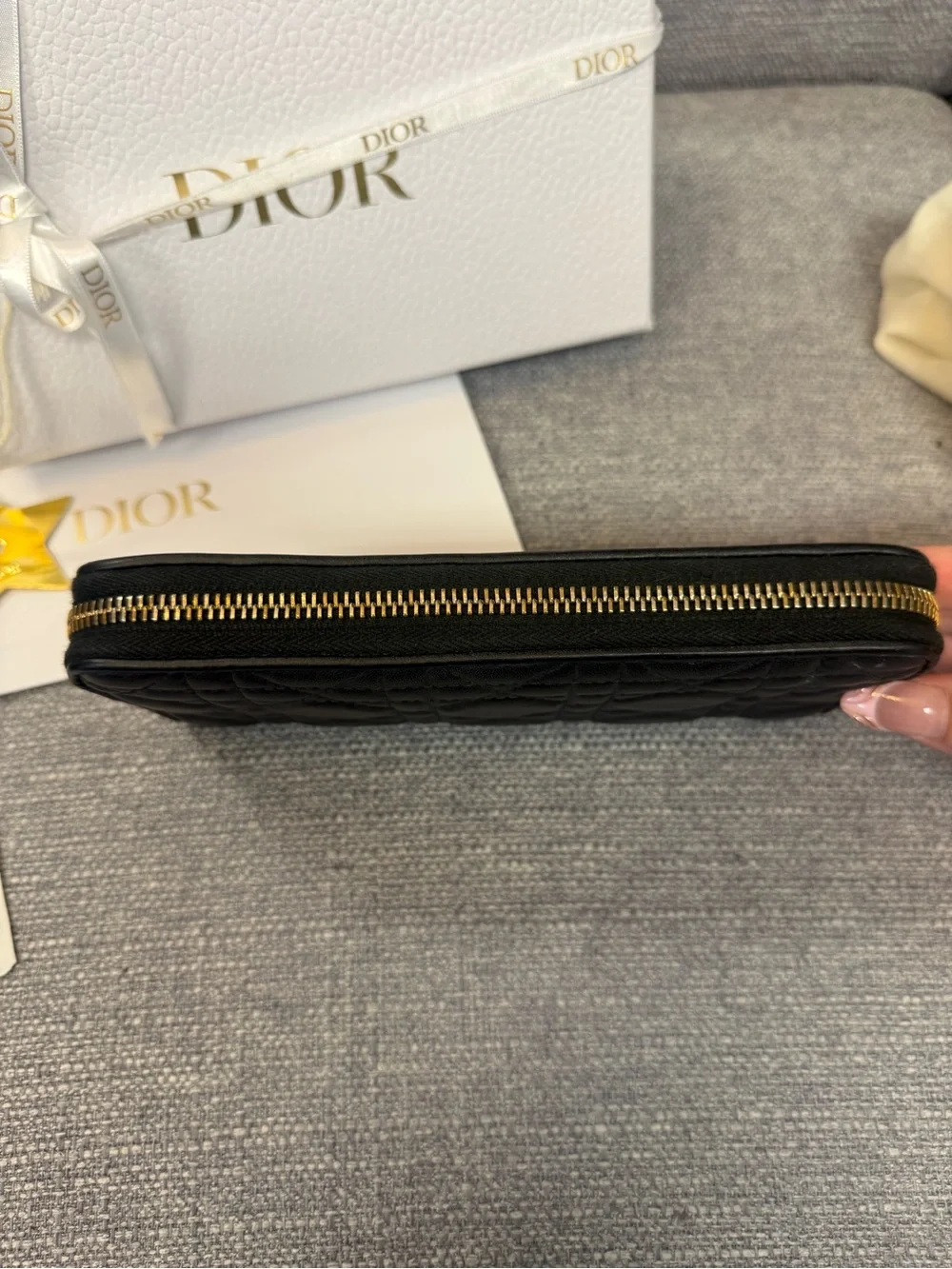 Dior Black Quilted Lady Dior Voyauger Zip Wallet with Gold Charms